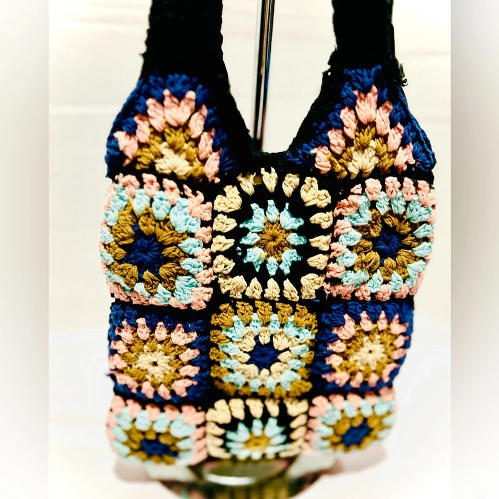 Vintage boho crochet granny square hobo bag crossbody purse